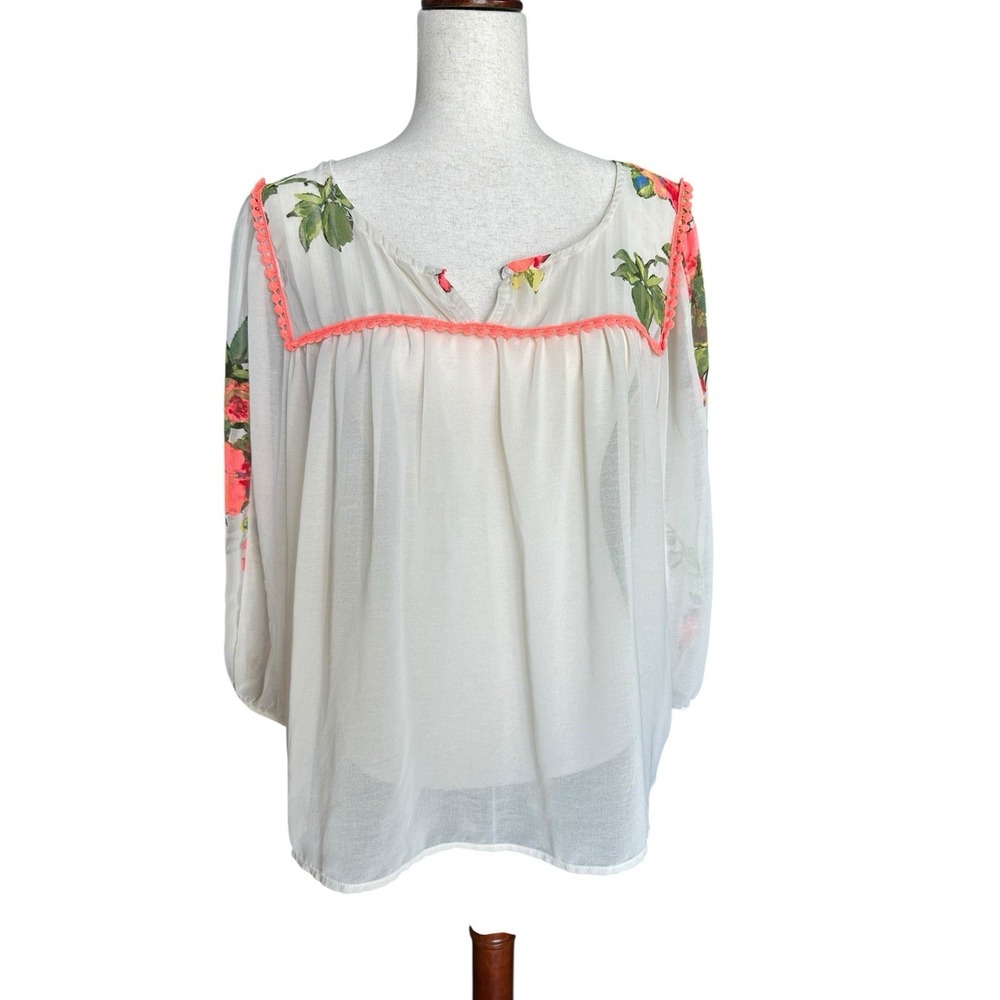A.gain Sheer Floral Ivory White Blouse Top Women's‎ L Yoke Accents Long Sleeve